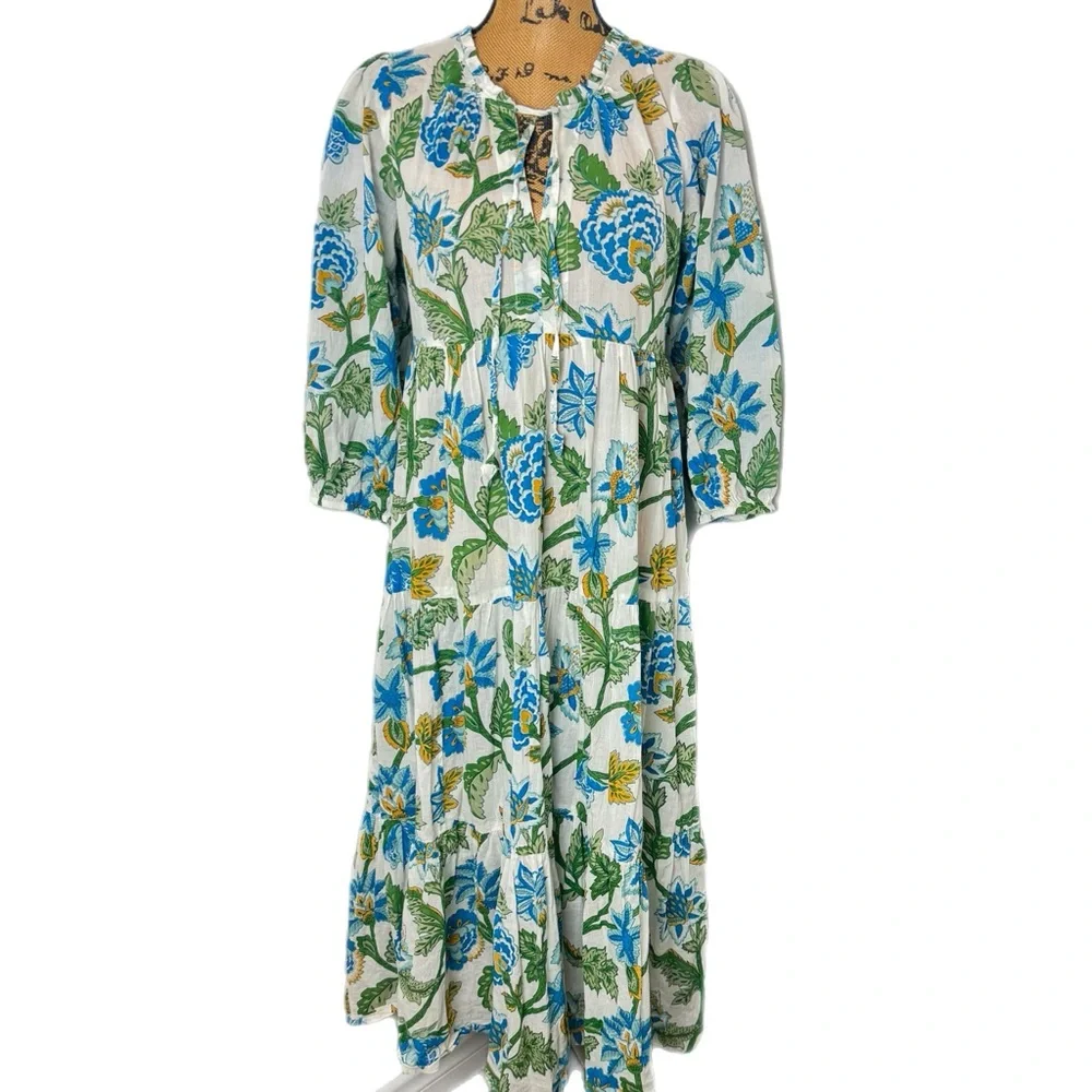 Tuckernuck White Maxi Dress with Blue and Green Floral Print - Picture 4 of 11